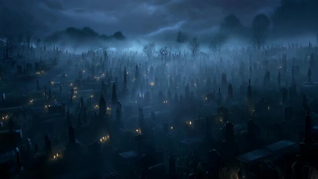 An eerie graveyard shrouded in mist under a darkened sky, evoking a sense of mystery and foreboding. The scene is filled with rows of headstones.