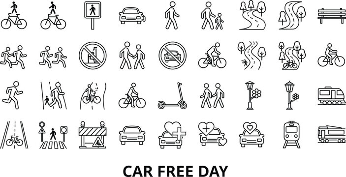 Car free day line icon set featuring sustainable transportation cycling walking public transit and environmental urban mobility concepts, 17 words.