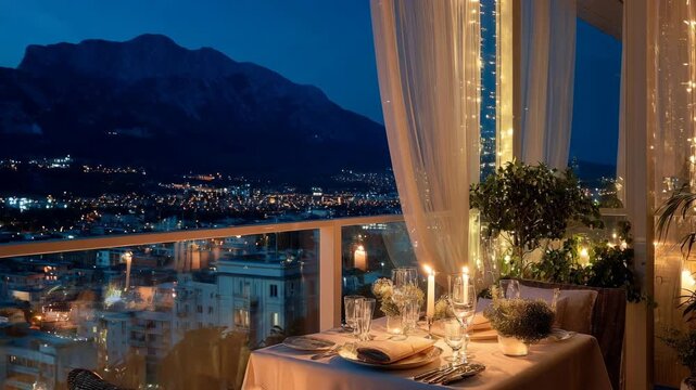 Elegant Romantic Dinner Setup on a Balcony with a Cityscape View at Night