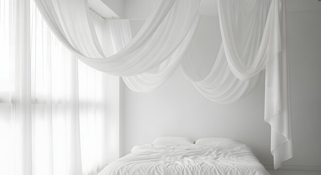 Elegant bedroom with white canopy and soft natural light creating a serene atmosphere.
