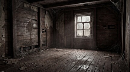 Abandoned room interior old house hdr photography dark environment wide angle view haunting atmosphere