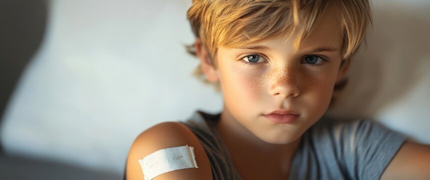 Person with a bandage on the shoulder wearing a gray t-shirt indoors, with soft light and short blonde hair, conveying a calm mood.