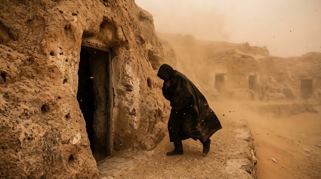 Solitary figure in traditional cloak walking through a sandstorm near ancient troglodyte desert dwellings.