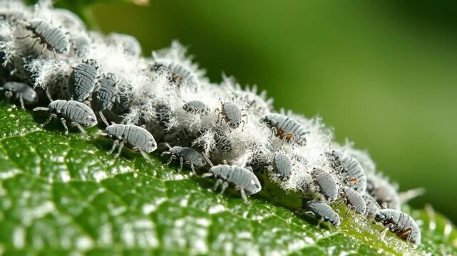 Close-up of a leaf with many gray and black woolly aphids covered in fluffy white waxy substance