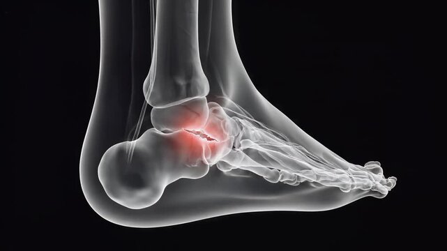 Vibrant X-ray view of a human ankle with a pulsating red highlight indicating a bone fracture, medical animation, representing injury, pain