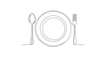 Minimalist line art of a plate with spoon and fork, representing dining, food, and simplicity.