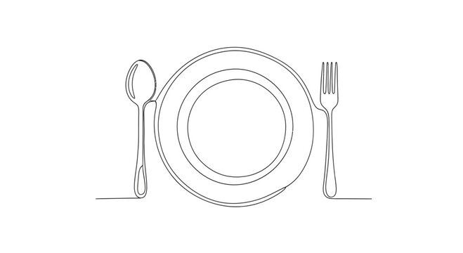Minimalist line art of a plate with spoon and fork, representing dining, food, and simplicity.