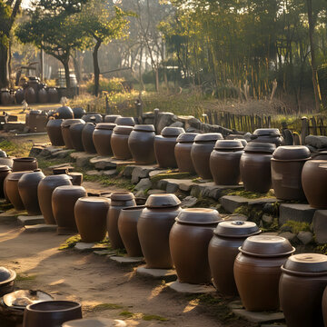 Traditional Korean pottery jars Onggi in morning mist
