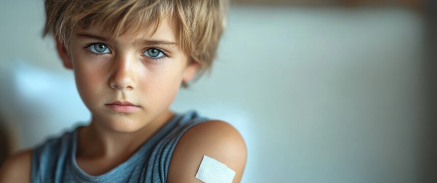 Young child in a blue sleeveless shirt with a small shoulder bandage in a softly lit indoor setting, calm and quiet.