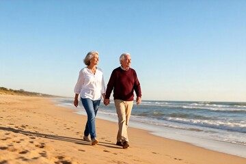 Elderly Couple Walking Together on Beach at Sunset