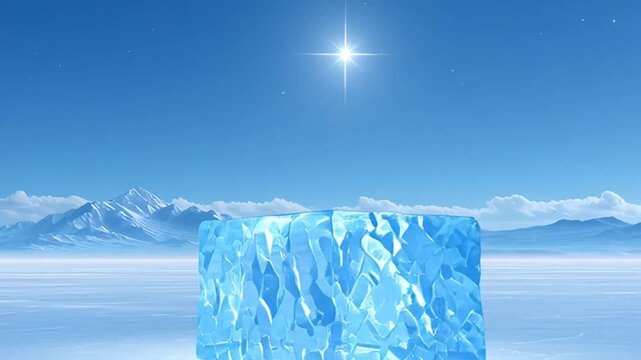 Ice cube on a sunny landscape.