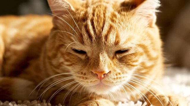 Ginger tabby cat in close up relaxing on a white carpet with focused eyes and soft purring sounds