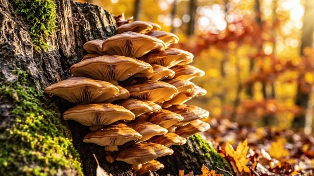 Clump of mushrooms growing on a tree trunk in a beautiful autumn forest with golden sunlight