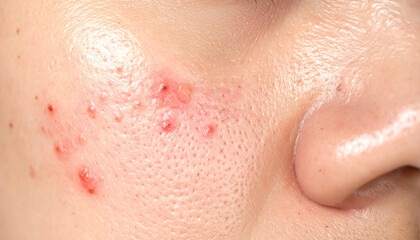 Fototapeta premium Close-up macro view of distressed human facial skin, showing a prominent red rash, bumps, and general irritation, indicating a dermatological condition