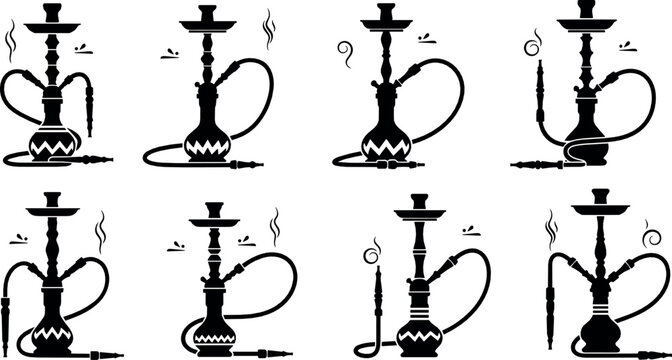 Hookah Shisha Pipe Silhouette Vector Collection with Traditional Water Pipe Smoking Device Middle Eastern Culture Illustration Set