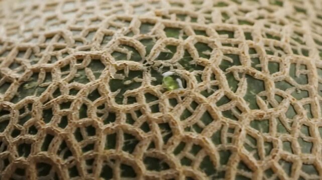 Close-up of a cantaloupe melon with its textured surface and detailed netting showcasing fresh produce