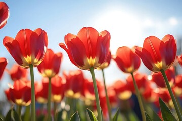 Fototapeta premium Sunlit red tulips with glowing petals and green stems against a clear blue sky, creating an uplifting cheerful spring scene