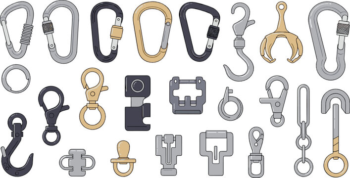 Metal carabiners and snap hooks collection with climbing clips and keychain hardware illustration set