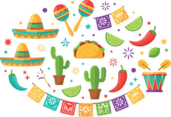 Mexican Fiesta Vector Collection with Sombrero Maracas Taco Chili Lime Cactus Drum Cinco de Mayo Party Illustration Set