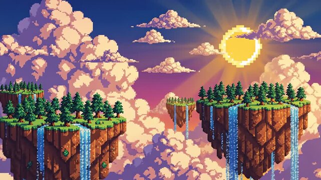 Fantasy floating islands forest cloud pixel 8 bit 4k video scenery