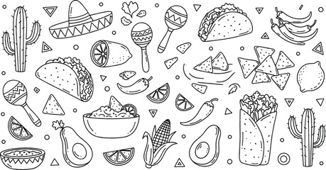 Mexican Food Doodle Vector Collection with Taco Burrito Nachos Avocado Corn Maracas Sombrero Hand Drawn Mexico Cuisine Illustration Set © MdNazmul