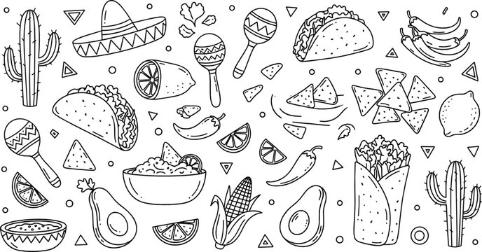 Mexican Food Doodle Vector Collection with Taco Burrito Nachos Avocado Corn Maracas Sombrero Hand Drawn Mexico Cuisine Illustration Set