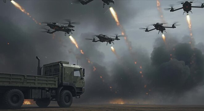 a swarm of small tactical drones launched from a generic flatbed truck, gray smoky sky