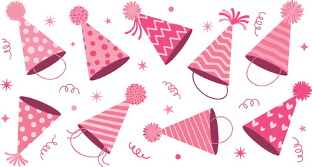 Fototapeta premium Pink birthday party hats vector illustration collection with polka dots, stripes, hearts and festive confetti for celebration and event decoration design