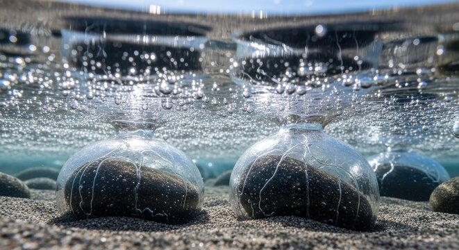 Intricate ice formations encasing pebbles in shallow water, showcasing winter's frozen artistry.