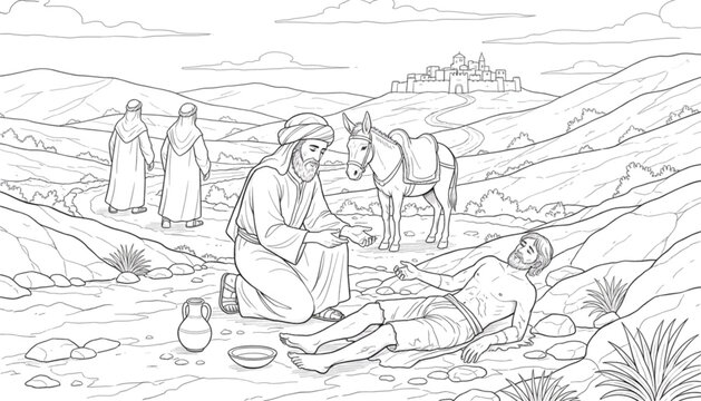 Compassionate Man Helping Injured Traveler on Desert Road Offering Aid and Kindness Religious Education Morality Lesson