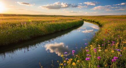 Fototapeta premium A serene winding stream reflects the golden hour sky and colorful wildflowers in a vibrant grassland landscape