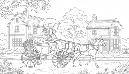 Fototapeta premium Elegant Women Riding Vintage Horse Drawn Carriage on a Quaint Village Street. Historical Line Art for Coloring Book.