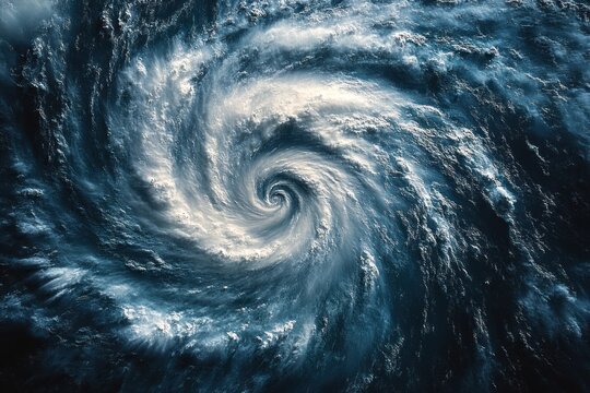 dramatic satellite view of a swirling ocean storm with dark blue sea, spiral clouds, white foam and a powerful turbulent eye