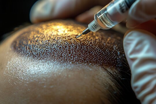 close-up of gloved hand using a pen-like injector to create tiny dots on a shaved scalp along the hairline, clinical precise aesthetic procedure conveying focused careful intent and hope