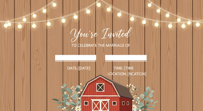 Rustic Barn Wedding Invitation with String Lights.
