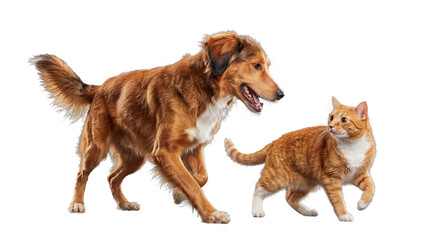 Fototapeta premium Realistic photograph of an active reddish-brown dog and a curious orange tabby cat walking together.