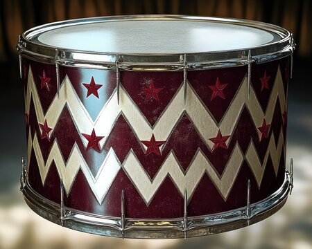 Glossy vintage red marching drum with cream zigzag chevrons and red stars, chrome rims and tuning lugs, close-up evokes nostalgic festive energy