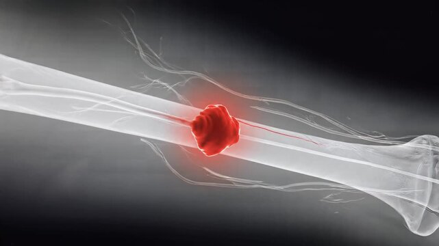 Vibrant X-ray imagery of growing red tumor inside human thigh bone, showcasing medical progression and disease, for oncology and health research.
