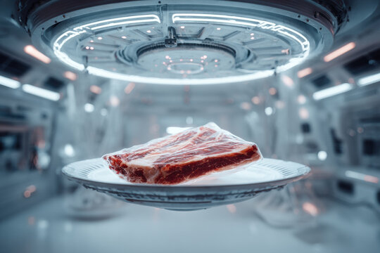 Vacuum sealed cultivated meat portion floating in zero g high fidelity vx lab