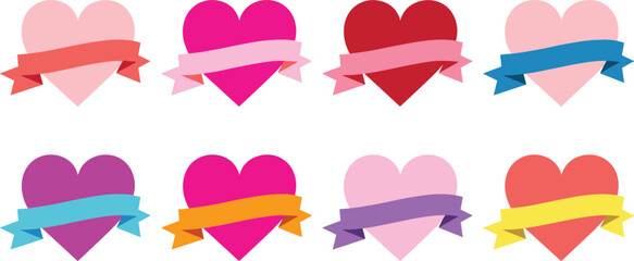 Colorful heart ribbon banners set, romantic love badge collection with blank ribbon labels for valentine greeting design © MstFulmoti