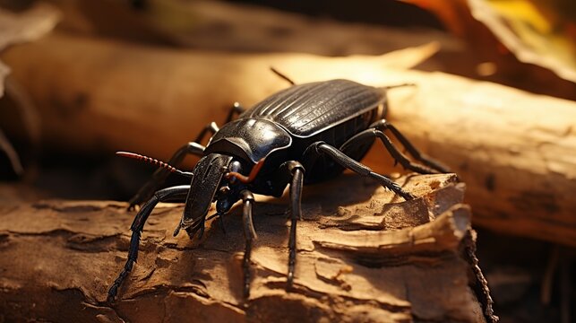 A large black stag beetle crawling along a rough sunlit log surface in a forest