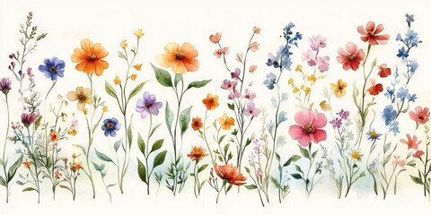 Obraz premium Watercolor wildflowers in orange, pink, purple, and blue bloom across a pale background with green stems and delicate leaves, evoking a soft, tranquil mood.