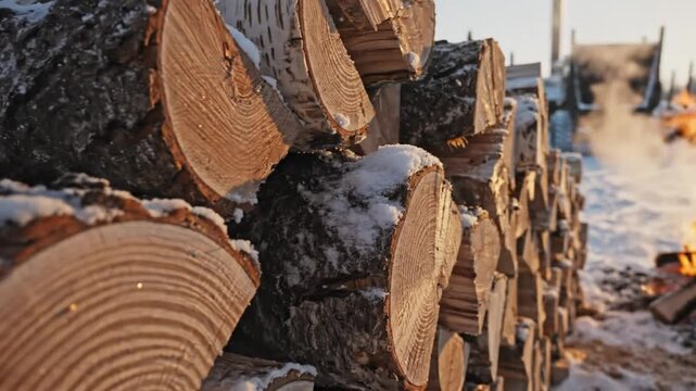 Close up view of firewood stack with snow, fire in the background, and rural winter landscape