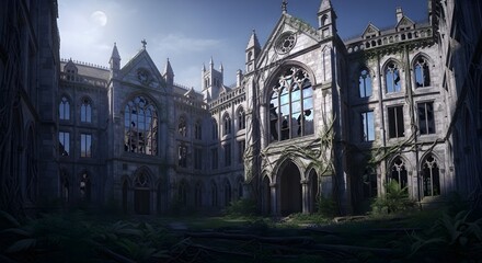 Fototapeta premium Abandoned Gothic Cathedral, Overgrown and Decayed, Night Scene
