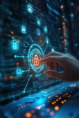 Obraz premium Hand touching glowing digital padlock on holographic cybersecurity interface above laptop keyboard, conveying focused protection and secure access