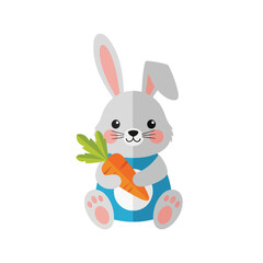 Cute cartoon bunny sitting, holding an orange carrot, and wearing blue