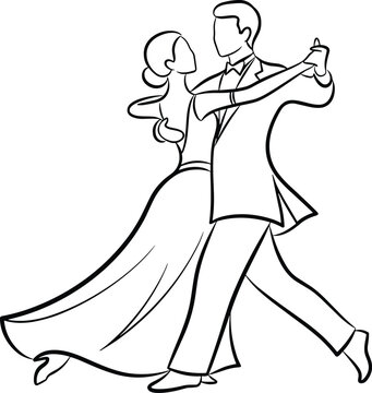 Elegant wedding couple dancing line art illustration, bride and groom romantic ballroom dance, marriage celebration vector isolated design