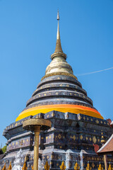 Vertical view of Wat Phra That Lampang Luang an iconic Buddhist temple was founded in the 13th century, One of the best examples of Lanna architecture in Lampang province of Thailand.