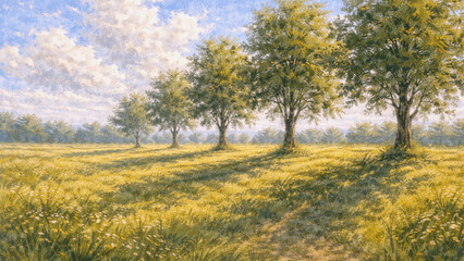 Fototapeta premium 緑の木々と草花が広がる穏やかな草原風景