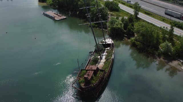 La Grande Hermine, Jordan Harbour Shipwreck, along the QEW, Queen's Expressway in Ontario, Canada, on Lake Ontario. Aerial shot lifting up .